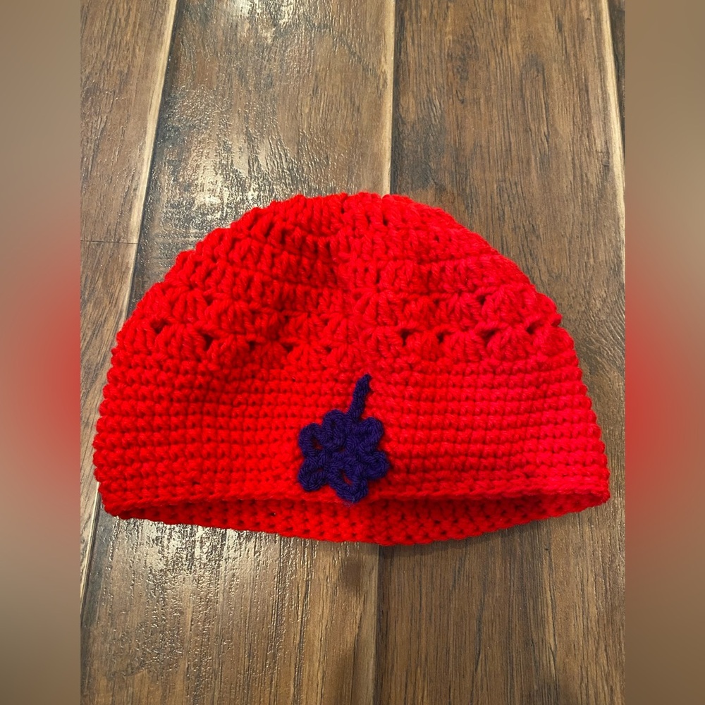 Red Knitted Beanie with Purple Flower